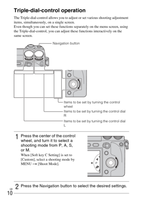 Page 10GB
10Triple-dial-control operation
The Triple-dial-control allows you to adjust or set various shooting adjustment 
items, simultaneously, on a single screen.
Even though you can set these functions separately on the menu screen, using 
the Triple-dial-control, you can adjust these functions interactively on the 
same screen.
1Press the center of the control 
wheel, and turn it to select a 
shooting mode from P, A, S, 
or M.
When [Soft key C Setting] is set to 
[Custom], select a shooting mode by 
MENU...