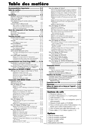 Page 101Fr-4
Table des matière
Recommandations importantes.....................Fr-2
Table des matière.........................................Fr-4
Contenu du colis...........................................................Fr-4
Options.......................................................................Fr-4
Installation..................................................Fr-5
Ventilation requise pour le montage de l’ensemble...........Fr-5
Créer un mur d’images.................................................Fr-6...