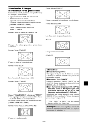 Page 112Fr-15
Format d’écran COMPLET
L’image est agrandie horizontalement et verticalement.
Format d’écran ZOOM
Lors d’une entrée de signaux Large (wide).
REELLE
L’image est à résolution réelle.
COMPLET
Informations
 Résolutions disponibles
Voir la page Fr-42 pour plus de détails sur la sortie
d’affichage des différents standards VESA pouvant être
utilisés sur le moniteur.
 Paramètre “TAILLE IMAGE”
Lorsque le paramètre “TAILLE IMAGE” est sur
ARRET, le format des images de l’entrée RGB est
REELLE au lieu de...