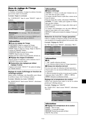 Page 118Fr-21
Menu de réglage de l’image
Réglage de l’image
Le contraste, la luminance, le piqué, la couleur et la teinte
peuvent être réglés à la demande.
Exemple: Régler le contraste
Sur “CONTRASTE” dans le menu “IMAGE”, réglez le
contraste.
SEL. ADJ. RETOUR
IMAGE 1 / 2
CONTRASTE
LUMINANCE
PIQUÉ
COULEUR
TEINTE
MODE IMAGE
NR
      PAGE +
:   NORMAL
:   ARRET
: 52
: 32
: 16
: 32
: 32
G R
EXIT:
 52CONTRASTE
Remarque: Si le message “PAS DE RÉGLAGE”
apparaît...
Vérifier qu’en entrant dans le sous-menu IMAGE que le...