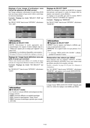 Page 122Fr-25
Réglage de l´image haute définition vers une
taille d´ecran qui convient
Utiliser cette fonction pour définir si le nombre de lignes
verticales de l’image haute définition d’entrée est 1035 ou 1080.
Exemple: Réglage du mode “HD SELECT” sur
“1035I”
Sur “HD SELECT” dans le menu “OPTION1”, sélectionnez
“1035I”.
SEL. ADJ. RETOUR
OPTION 1 1 / 4
OSM
SELECT BNC
SELECT D-SUB
SÉLECT. RVB
              :   AUTO
HD SELECT
SELECT SKIP
ALL RESET
      PAGE +:   RGB 
:   RGB 
:   1035
I:   ARRET
:   ARRET
EXIT...