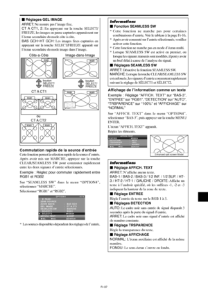 Page 134Fr-37
RGB1
RGB1RGB1
RGB1
RGB1RGB1
Côte-a-Côte Image-dans-Image
bouton
SELECT/
FREEZEbouton
SELECT/
FREEZE
CT A  CT1
RGB1RGB1
ou
CT A  CT2
Commutation rapide de la source d’entrée
Cette fonction permet la sélection rapide de la source d’entrée.
Après avoir mis sur MARCHE, appuyez sur la touche
CLEAR/SEAMLESS SW pour commuter rapidement
entre les deux signaux d’entrée sélectionnés.
Exemple : Réglez pour commuter rapidement entre
RGB1 et RGB2
Sur “SEAMLESS SW” dans le menu “OPTION4”,
sélectionnez “MARCHE”....