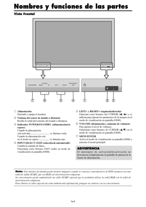 Page 153Sp-8
MENU/ ENTERINPUT SELECT
DOWN UP LEFT/-RIGHT/+
/ EXIT VOLUME
MENU/ ENTERINPUT SELECT
DOWN UP LEFT/-RIGHT/+
/ EXIT VOLUME
4567132
tLEFT/- y RIGHT/+ (izquierda/derecha)
Funciona como botones del CURSOR (
 / ) y se
utilizan para ajustar los parámetros de la imagen en el
modo de visualización en pantalla (OSM).
yVOLUME (disminución y aumento de volumen)
Para ajustar el nivel de volumen.
Funcionan como botones de CURSOR (/) en el
modo de visualización en pantalla (OSM).
uMENU/ENTER
Activa el modo de...