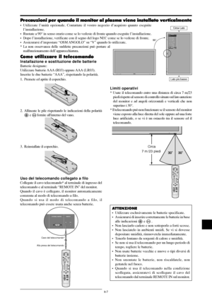 Page 201It-7
MENU/ ENTERINPUT SELECT
DOWN UP LEFT/-RIGHT/+
/EXITVOLUME
MENU/ ENTERINPUT SELECT
DOWN UP LEFT/-RIGHT/+
/EXITVOLUME
Cima Lato
Lato più basso 90°
EXITSEL.
INVIOMENU/ENTEROK
OPTION1
OSM
SCELTA BNC
D-SUB INPUT
SCELTA RGB
SCELTA HD
INPUT SKIP
TUTTI RESET:   RGB
:   RGB
:   AUTO
:   1080B
:   OFF
:   OFF
      1024768
Precauzioni per quando il monitor al plasma viene installato verticalmente
• Utilizzate l’unità opzionale. Contattate il vostro negozio d’acquisto quanto eseguite
l’installazione.
•...