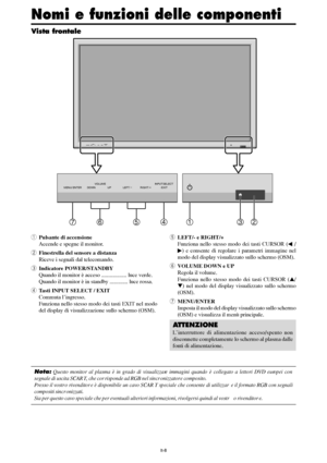 Page 202It-8
MENU/ ENTERINPUT SELECT
DOWN UP LEFT/-RIGHT/+
/ EXIT VOLUME
MENU/ ENTERINPUT SELECT
DOWN UP LEFT/-RIGHT/+
/ EXIT VOLUME
4567132
tLEFT/- e RIGHT/+
Funziona nello stesso modo dei tasti CURSOR (
 /
) e consente di regolare i parametri immagine nel
modo del display visualizzato sullo schermo (OSM).
yVOLUME DOWN e UP
Regola il volume.
Funziona nello stesso modo dei tasti CURSOR (/
) nel modo del display visualizzato sullo schermo
(OSM).
uMENU/ENTER
Imposta il modo del display visualizzato sullo...