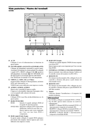 Page 203It-9
AAC IN
Collegate il cavo di alimentazione in dotazione in
questo punto.
BEXT SPEAKER L e R (USCITA ALTOPARLANTI)
Collegate gli altoparlanti (opzionali) in questo punto.
Assicuratevi di rispettare le corrette polarità. Per entrambi
i canali LEFT e RIGHT collegate il filo 
 (positivo)
dell’altoparlante al terminale 
 EXT SPEAKER ed il
filo 
 (negativo) al terminale  EXT SPEAKER.
Fate riferimento al manuale d’uso dell’altoparlante.
CVIDEO1, 2, 3 (BNC, RCA, S-Video)
In questo punto collegate il...