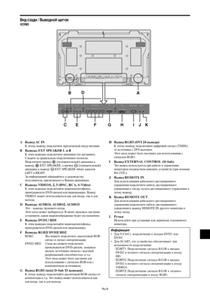 Page 252Ru-9
A ывод AC IN
 этому выводу подключите прилагаемый шнур питания.
B ыводы EXT SPEAKER L и R
 этим выводам подключите динамики (по желанию).
ледите за правильным подключением полюсов.
!одключите провод 
 (положительный) динамика к
выводу 
 EXT SPEAKER, а провод  (отрицательный)
динамика к выводу 
 EXT SPEAKER обоих каналов
LEFT и RIGHT.
3а информацией обращайтесь к руководству
пользователя, прилагаемого к 6ашим динамикам.
C ыводы VIDEO1, 2, 3 (BNC, RCA, S-Video)
 этим выводам подключайте...