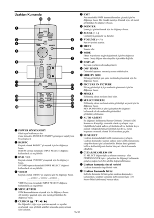 Page 351Tu-12
qPOWER ON/STANDBY
Gücü açar/beklemeye alır.
(Ana ünitedeki POWER/STANDBY göstergesi kapalıyken
bu çalışmaz.)
wRGB/PC
Kaynak olarak RGB/PC’yi seçmek için bu düğmeye
basın.
RGB/PC ayrıca ekrandaki INPUT SELECT düğmesi
kullanılarak da seçilebilir.
eDVD / HD
Kaynak olarak DVD/HD’yi seçmek için bu düğmeye
basın.
DVD/HD ayrıca ekrandaki INPUT SELECT düğmesi
kullanılarak da seçilebilir.
rVIDEO
Kaynak olarak VIDEO’yu seçmek için bu düğmeye basın.
VIDEO ayrıca ekrandaki INPUT SELECT düğmesi
kullanılarak da...