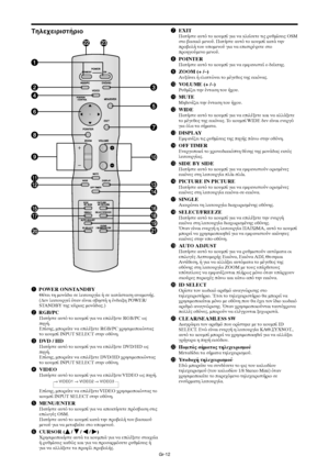 Page 399Gr-12
q POWER ON/STANDBYΘέτει τη µ	νάδα σε λειτ	υργία ή σε κατάσταση αναµ	νής.
(∆εν λειτ	υργεί ταν είναι σηστή η ένδειη POWER/
STANDBY της κύριας µ	νάδας.)
w RGB/PCΠατήστε αυτ τ	 κ	υµπί για να επιλέετε RGB/PC ως
πηγή.
Επίσης, µπ	ρείτε να επιλέετε RGB/PC 3ρησιµ	π	ιώντας
τ	 κ	υµπί INPUT SELECT στην 	θνη.
eDVD / HDΠατήστε αυτ τ	 κ	υµπί για να επιλέετε DVD/HD ως
πηγή.
Επίσης, µπ	ρείτε να επιλέετε DVD/HD 3ρησιµ	π	ιώντας
τ	 κ	υµπί INPUT SELECT στην 	θνη.
rVIDEOΠατήστε αυτ τ	 κ	υµπί για να επιλέετε...