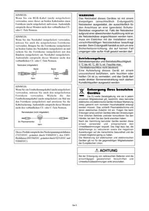 Page 51Ge-3
 ACHTUNG
Bei der Entsorgung von verbrauchten Batterien sind die
einschlägigen gesetzlichen Vorschriften und
Umweltschutzbestimmungen strikt einzuhalten.
Entsorgung Ihres benutzten
Gerätes
Die EU-weite Gesetzgebung, wie sie in jedem
einzelnen Mitgliedsstaat gilt, bestimmt, dass benutzte
elektrische und elektronische Geräte mit dieser Markierung
(links) getrennt vom normalen Haushaltsabfall entsorgt
werden müssen. Dies schließt Plasmabildschirme und
deren elektrisches Zubehör mit ein. Folgen Sie beim...