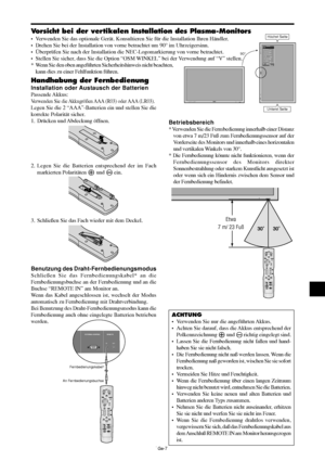 Page 55Ge-7
Fernbedienungskabel*
An Fernbedienungsbuchse
IN
OUT
4REMOTEEXTERNAL CONTROL
MENU/ ENTERINPUT SELECT
DOWN UP LEFT/-RIGHT/+
/EXITVOLUME
MENU/ ENTERINPUT SELECT
DOWN UP LEFT/-RIGHT/+
/ EXITVOLUME
Höchst Seite
Unterst Seite 90°
EXITSEL.
ZURÜCKMENU/ENTEROK
OPTION1
OSM
BNC SIGNAL
D-SUB SIGNAL
RGB WÄHLEN
HD SEL.
INPUTWECHSEL
ALL RESET:   RGB
:   RGB
:   AUTO
:   1080B
:   AUS
:   AUS
      1024768
Vorsicht bei der vertikalen Installation des Plasma-Monitors
• Verwenden Sie das optionale Gerät....