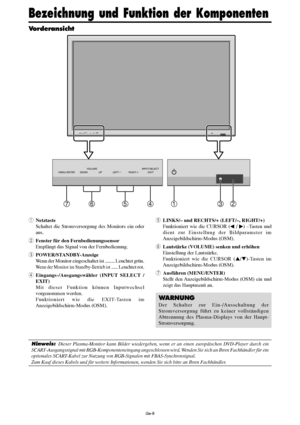 Page 56Ge-8
MENU/ ENTERINPUT SELECT
DOWN UP LEFT/-RIGHT/+
/ EXIT VOLUME
MENU/ ENTERINPUT SELECT
DOWN UP LEFT/-RIGHT/+
/ EXIT VOLUME
4567132
tLINKS/– und RECHTS/+ (LEFT/–, RIGHT/+)
Funktioniert wie die CURSOR (
 / ) –Tasten und
dient zur Einstellung der Bildparameter im
Anzeigebildschirm-Modus (OSM).
yLautstärke (VOLUME) senken und erhöhen
Einstellung der Lautstärke.
Funktioniert wie die CURSOR (/)-Tasten im
Anzeigebildschirm-Modus (OSM).
uAusführen (MENU/ENTER)
Stellt den Anzeigebildschirm-Modus (OSM) ein...