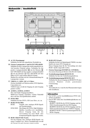 Page 58Ge-10
Rückansicht / Anschlußfeld
50XM6
AAC IN (Netzeingang)
Schließen Sie hier das mitgelieferte Netzkabel an.
BExterne Lautsprecher L und R (EXT SPEAKER)
Schließen Sie hier Lautsprecher (nicht mitgeliefert) an.
Auf korrekte Polarität achten. Verbinden Sie das
positive Lautsprecherkabel 
 mit der Klemme 
EXT SPEAKER und das negative Lautsprecherkabel
 mit der Klemme  EXT SPEAKER auf dem
linken (LEFT) und rechten (RIGHT) Kanal.
Machen Sie sich bitte mit der Gebrauchsanleitung der
Lautsprecher vertraut....