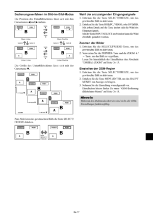 Page 65Ge-17
Bedienungsverfahren im Bild-im-Bild-Modus
Die Position des Unterbildschirms lässt sich mit den
Cursortasten 
 und  ändern.
Die Größe des Unterbildschirms lässt sich mit der
Cursortaste 
.
VIDEO1RGB1
AB
VIDEO1RGB1
AB
VIDEO1RGB1
AB
VIDEO1RGB1
AB
taste 
taste 
taste 
taste 
Zum Aktivieren des gewünschten Bilds die Taste SELECT/
FREEZE drücken.
Wahl der anzuzeigenden Eingangssignale
1. Drücken Sie die Taste SELECT/FREEZE, um das
gewünschte Bild zu aktivieren.
2. Drücken Sie die Taste RGB/PC,...