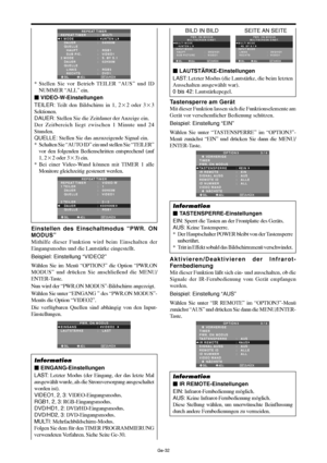 Page 80Ge-32
Tastensperre am Gerät
Mit dieser Funktion lassen sich die Funktionselemente am
Gerät vor versehentlicher Bedienung schützen.
Beispiel: Einstellung “EIN”
Wählen Sie unter “TASTENSPERRE” im “OPTION3”-
Menü zunächst “EIN” und drücken Sie dann die MENU/
ENTER-Taste.
SEL. ADJ. ZURÜCK
OPTION 3 3 / 4
      VORHERIGE
TIMER
PWR. ON MODUS
TASTENSPERRE
IR REMOTE
SIGNAL AUSG 
REMOTE ID
ID NUMMER
VIDEO WAND
      NÄCHSTE:   EIN 
:   EIN 
:   AUS
:   ALLE
:   ALL
EXIT
Information
 TASTENSPERRE-Einstellungen...