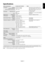 Page 13English
English-11
Specifications
Monitor Specifications AccuSync AS171 Monitor Notes
LCD Module Diagonal: 43.2 cm/17.0 inches Active matrix, thin film transistor (TFT)
Viewable Image Size: 43.2 cm/17.0 inches liquid crystal display (LCD); 0.264 mm dot
Native Resolution (Pixel Count): 1280 x 1024 pitch; 250 cd/m
2 white luminance, 900:1
contrast ratio, typical.
Input Signal 15pin Mini D-sub: Analog RGB 0.7 Vp-p/75 ohms
Sync
Separate sync. TTL level (Positive/Negative)
DVI-D Digital RGB DVI(HDCP)
Display...