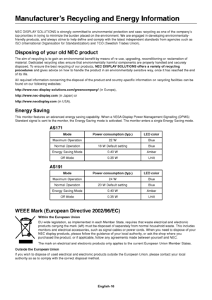 Page 18English-16 NEC DISPLAY SOLUTIONS is strongly committed to environmental protection and sees recycling as one of the company’s
top priorities in trying to minimize the burden placed on the environment. We are engaged in developing environmentally-
friendly products, and always strive to help define and comply with the latest independent standards from agencies such as
ISO (International Organisation for Standardization) and TCO (Swedish Trades Union).
Disposing of your old NEC product
The aim of recycling...