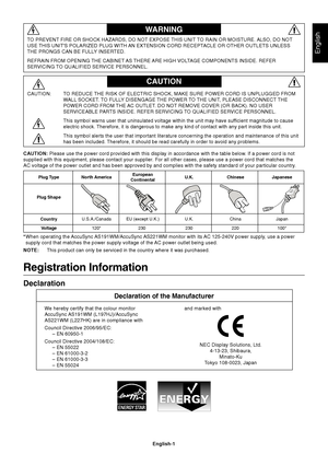 Page 3English
English-1
WARNING
CAUTION
CAUTION: TO REDUCE THE RISK OF ELECTRIC SHOCK, MAKE SURE POWER CORD IS UNPLUGGED FROM
WALL SOCKET. TO FULLY DISENGAGE THE POWER TO THE UNIT, PLEASE DISCONNECT THE
POWER CORD FROM THE AC OUTLET. DO NOT REMOVE COVER (OR BACK). NO USER
SERVICEABLE PARTS INSIDE. REFER SERVICING TO QUALIFIED SERVICE PERSONNEL.
This symbol warns user that uninsulated voltage within the unit may have sufficient magnitude to cause
electric shock. Therefore, it is dangerous to make any kind of...