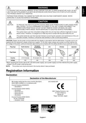 Page 3
English
English-1
WARNING
CAUTION
CAUTION: TO REDUCE THE RISK OF ELECTRIC SHOCK, MAKE SURE POWER CORD IS UNPLUGGED FROMWALL SOCKET. TO FULLY DISENGAGE THE POWER TO THE UNIT, PLEASE DISCONNECT THE
POWER CORD FROM THE AC OUTLET. DO NOT REMOVE COVER (OR BACK). NO USER
SERVICEABLE PARTS INSIDE. REFER SERVICING TO QUALIFIED SERVICE PERSONNEL.
This symbol warns user that uninsulated voltage within the unit may have\ sufficient magnitude to cause
electric shock. Therefore, it is dangerous to make any kind of...