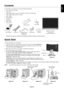 Page 4English
English-3
Contents
Your new NEC LCD monitor box* should contain the following:
•LCD monitor with tilt base
•Power Cord
•Video Signal Cable (15-pin mini D-SUB to 15-pin mini D-SUB male)
•Video Signal Cable (DVI-D to DVI-D)
•Audio Cable
•User’s Manual
•CD-ROM
•Base Stand
•Cable Holder
Quick Start
To attach the Base to the LCD Stand:
1. Insert the front of the LCD stand into the holes in the front of the Base (Figure S.1).
2. Attach the Base to the Stand. The locking tab on the Base should fit into...