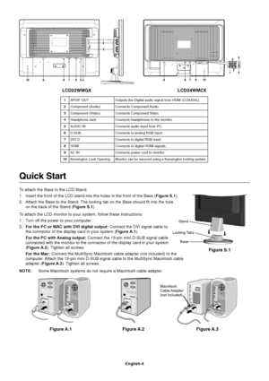 Page 5English-4
Quick Start
To attach the Base to the LCD Stand:
1. Insert the front of the LCD stand into the holes in the front of the Base (Figure S.1).
2. Attach the Base to the Stand. The locking tab on the Base should fit into the hole
on the back of the Stand (Figure S.1).
To attach the LCD monitor to your system, follow these instructions:
1. Turn off the power to your computer.
2.For the PC or MAC with DVI digital output: Connect the DVI signal cable to
the connector of the display card in your system...