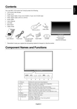 Page 4English
English-3
Contents
Your new NEC LCD monitor box* should contain the following:
•LCD monitor with tilt base
•Power Cord
•Video Signal Cable (15-pin mini D-SUB to 15-pin mini D-SUB male)
•Video Signal Cable (DVI-D to DVI-D)
•Audio Cable
•User’s Manual
•CD-ROM
•Base Stand
•Cable Holder
Component Names and Functions
User’s ManualPower Cord 15-pin mini D-SUB
to 15-pin mini
D-SUB maleLCD monitor
(Stand not connected) CD-ROM Cable Holder
*Remember to save your original box and packing material to...