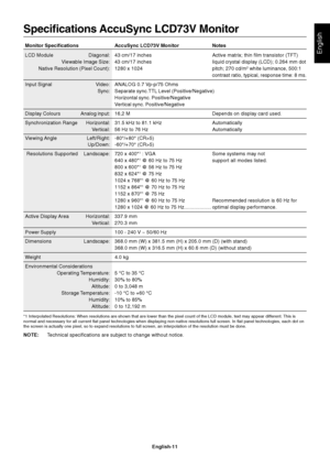 Page 12English
English-11
Specifications AccuSync LCD73V Monitor
Monitor Specifications AccuSync LCD73V Monitor Notes
LCD Module Diagonal: 43 cm/17 inches Active matrix; thin film transistor (TFT)
Viewable Image Size: 43 cm/17 inches liquid crystal display (LCD); 0.264 mm dot
Native Resolution (Pixel Count): 1280 x 1024 pitch; 270 cd/m
2 white luminance, 500:1
contrast ratio, typical, response time: 8 ms.
Input Signal Video: ANALOG 0.7 Vp-p/75 Ohms
Sync:Separate sync.TTL Level (Positive/Negative)
Horizontal...