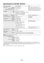Page 15English-14
Specifications LCD190V Monitor
Monitor Specifications LCD190V Monitor Notes
LCD Module Diagonal: 48.3 cm/19 inches Active matrix; thin film transistor (TFT)
Viewable Image Size: 48.3 cm/19 inches liquid crystal display (LCD); 0.294 mm dot
Native Resolution (Pixel Count): 1280 x 1024 pitch; 300 cd/m
2 *2 white luminance, 700:1
contrast ratio, typical, response time: 8 ms.
Input Signal Video: ANALOG 0.7 Vp-p/75 Ohms
Sync:Separate sync.TTL Level (Positive/Negative)
Horizontal sync....