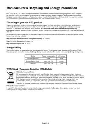 Page 20English-18 NEC DISPLAY SOLUTIONS is strongly committed to environmental protection and sees recycling as one of the company’s
top priorities in trying to minimize the burden placed on the environment. We are engaged in developing environmentally-
friendly products, and always strive to help define and comply with the latest independent standards from agencies such as
ISO (International Organisation for Standardization) and TCO (Swedish Trades Union).
Disposing of your old NEC product
The aim of recycling...