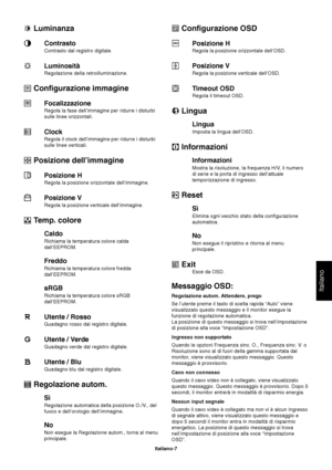 Page 8Italiano
Italiano-7
 Luminanza
Contrasto
Contrasto dal registro digitale.
Luminosità
Regolazione della retroilluminazione.
 Configurazione immagine
Focalizzazione
Regola la fase dell’immagine per ridurre i disturbi
sulle linee orizzontali.
Clock
Regola il clock dell’immagine per ridurre i disturbi
sulle linee verticali.
 Posizione dell’immagine
Posizione H
Regola la posizione orizzontale dell’immagine.
Posizione V
Regola la posizione verticale dell’immagine.
 Temp. colore
Caldo
Richiama la temperatura...