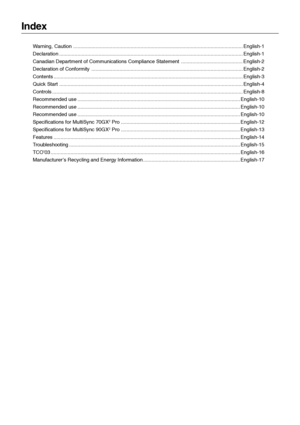 Page 2Index
Warning, Caution ......................................................................................................................... English-1
Declaration ................................................................................................................................... English-1
Canadian Department of Communications Compliance Statement ............................................ English-2
Declaration of Conformity...