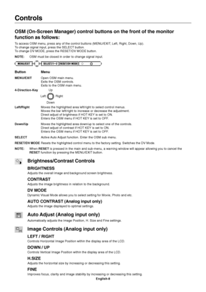 Page 10English-8
Controls
OSM (On-Screen Manager) control buttons on the front of the monitor
function as follows:
To access OSM menu, press any of the control buttons (MENU/EXIT, Left, Right, Down, Up).
To change signal input, press the SELECT button.
To change DV MODE, press the RESET/DV MODE button.
NOTE:OSM must be closed in order to change signal input.
NOTE:When RESET is pressed in the main and sub-menu, a warning window will appear allowing you to cancel the
RESET function by pressing the MENU/EXIT...