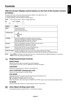 Page 11
English
English-9
Menu
Open OSD main menu.
Exits the OSD controls.
Exits to the OSD main menu.
Button
MENU
Controls
OSD (On-Screen Display) control buttons on the front of the monitor fu\
nction
as follows:
To access OSD menu, press any of the control buttons (MENU, Left, Right,\
 Down, Up).
To change signal input, press the SELECT button.
To change DV MODE, press the RESET/DV MODE button.
NOTE:OSD must be closed in order to change signal input.
NOTE: When RESET  is pressed in the main and sub-menu, a...