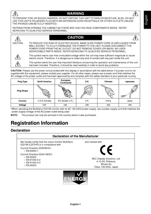 Page 3
English
English-1
WARNING
CAUTION
CAUTION: TO REDUCE THE RISK OF ELECTRIC SHOCK, MAKE SURE POWER CORD IS UNPLUGGED FROM
WALL SOCKET. TO FULLY DISENGAGE THE POWER TO THE UNIT, PLEASE DISCONNECT THE
POWER CORD FROM THE AC OUTLET. DO NOT REMOVE COVER (OR BACK). NO USER
SERVICEABLE PARTS INSIDE. REFER SERVICING TO QUALIFIED SERVICE PERSONNEL.
This symbol warns user that uninsulated voltage within the unit may have\
 sufficient magnitude to cause
electric shock. Therefore, it is dangerous to make any kind of...