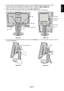 Page 9English
English-7
Figure C.2
5. To keep the cables neatly organized, place them into the cable management system that is built into the stand.
Place the Power cord and DVI cables into the specific hooks, as indicated in Figure C.2/Figure C.3.
Place the D-Sub and the USB cables into the specific hooks, as indicated in Figure C.2/Figure C.3.
6. Make sure all cables are resting flat against the stand (Figure C.2/Figure C.3).
Please check Tilt, Rise and Lower monitor screen and screen rotation when you...