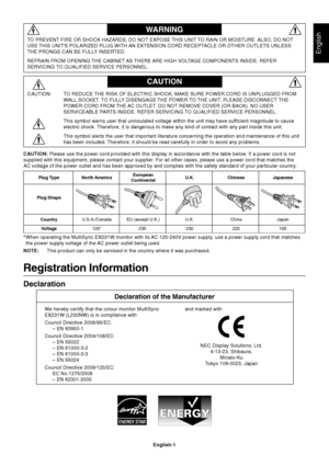 Page 3English
English-1
WARNING
CAUTION
CAUTION: TO REDUCE THE RISK OF ELECTRIC SHOCK, MAKE SURE POWER CORD IS UNPLUGGED FROMWALL SOCKET. TO FULLY DISENGAGE THE POWER TO THE UNIT, PLEASE DISCONNECT THE
POWER CORD FROM THE AC OUTLET. DO NOT REMOVE COVER (OR BACK). NO USER
SERVICEABLE PARTS INSIDE. REFER SERVICING TO QUALIFIED SERVICE PERSONNEL.
This symbol warns user that uninsulated voltage within the unit may have\
 sufficient magnitude to cause
electric shock. Therefore, it is dangerous to make any kind of...