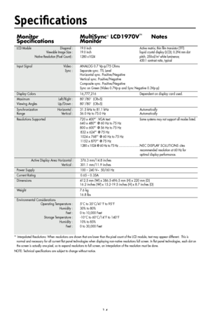 Page 16
14
Monitor     MultiSync® LCD1970VTM     Notes   
Speciﬁcations    Monitor   
LCD Module Diagonal :  19.0 inch  Active matrix; thin ﬁlm transistor (TFT) 
  Viewable Image Size :  19.0 inch  liquid crystal display (LCD); 0.294 mm dot   
Native Resolution (Pixel Count) :  1280 x1024  pitch; 250cd/m2 white luminence;  
      450:1 contrast ratio, typical
Input Signal Video :  ANALOG 0.7 Vp-p/75 Ohms  
Sync :  Separate sync. TTL Level 
    Horizontal sync. Positive/Negative 
    Vertical sync....