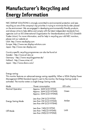 Page 26
24
Manufacturer’s Recycling and 
Energy Information
NEC DISPLAY SOLUTIONS is strongly committed to environmental protection and sees 
recycling as one of the company’s top priorities in trying to minimize the burden placed 
on the environment. We are engaged in developing environmentally-friendly products, 
and always strive to help deﬁne and comply with the latest independent standards from 
agencies such as ISO (International Organization for Standardization) and TCO (Swedish 
Trades Union). For more...