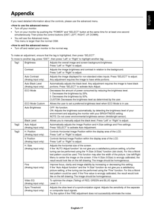 Page 19English
English-17
Appendix
If you need detailed information about the controls, please use the advanced menu.

•Turn off your monitor.
•Turn on your monitor by pushing the “POWER” and “SELECT” button at the same time for at least one second
simultaneously. Then press the control buttons (EXIT, LEFT, RIGHT, UP, DOWN).
•You will see the Advanced menu.
This menu is larger than the normal OSM.

•Turn off and restart your monitor in the normal way.
To make an adjustment, ensure that the tag is highlighted,...