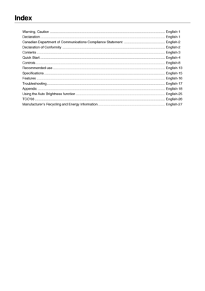 Page 2Index
Warning, Caution ........................................................................................................................ English-1
Declaration .................................................................................................................................. English-1
Canadian Department of Communications Compliance Statement ........................................... English-2
Declaration of Conformity...