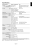 Page 17English
English-15
Specifications
Monitor Specifications MultiSync LCD1990SX Monitor Notes
LCD Module Diagonal: 48.2 cm/19.0 inches Active matrix; thin film transistor (TFT) liquid
Viewable Image Size: 48.2 cm/19.0 inches crystal display (LCD); 0.294 mm dot pitch;
Native Resolution (Pixel Count): 1280 x 1024 250 cd/m
2 white luminence; 1500:1 contrast
ratio, typical.
Input Signal Video: ANALOG 0.7 Vp-p/75 Ohms Digital Input: DVI
Sync:Separate sync.TTL Level
Horizontal sync. Positive/Negative
Vertical...