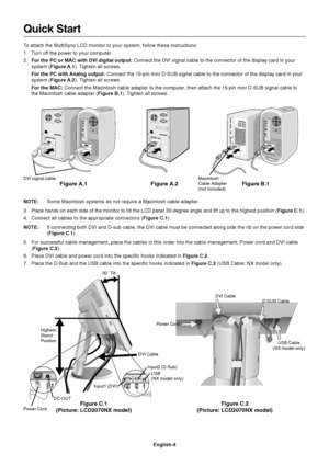 Page 6English-4
Quick Start
To attach the MultiSync LCD monitor to your system, follow these instructions:
1. Turn off the power to your computer.
2.For the PC or MAC with DVI digital output: Connect the DVI signal cable to the connector of the display card in your
system (Figure A.1). Tighten all screws.
For the PC with Analog output: Connect the 15-pin mini D-SUB signal cable to the connector of the display card in your
system (Figure A.2). Tighten all screws.
For the MAC: Connect the Macintosh cable adapter...