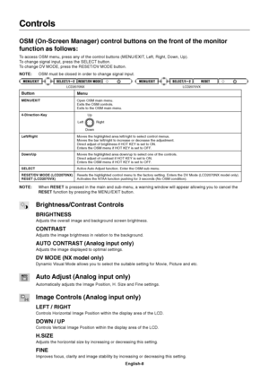 Page 10English-8
Controls
OSM (On-Screen Manager) control buttons on the front of the monitor
function as follows:
To access OSM menu, press any of the control buttons (MENU/EXIT, Left, Right, Down, Up).
To change signal input, press the SELECT button.
To change DV MODE, press the RESET/DV MODE button.
NOTE:OSM must be closed in order to change signal input.
NOTE:When RESET is pressed in the main and sub-menu, a warning window will appear allowing you to cancel the
RESET function by pressing the MENU/EXIT...