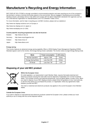 Page 19English
English-17 NEC DISPLAY SOLUTIONS is strongly committed to environmental protection and sees recycling as one of the company’s
top priorities in trying to minimize the burden placed on the environment. We are engaged in developing environmentally-
friendly products, and always strive to help define and comply with the latest independent standards from agencies such as
ISO (International Organisation for Standardization) and TCO (Swedish Trades Union).
For more information, and for help in...