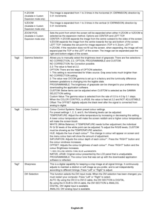 Page 22English-20 H.ZOOM The image is expanded from 1 to 3 times in the horizontal (H. EXPANSION) direction by
(Available in Custom0.01 increments.
Expansion mode only)
V.ZOOM The image is expanded from 1 to 3 times in the vertical (V. EXPANSION) direction by
(Available in Custom0.01 increments.
Expansion mode only)
ZOOM POS. Sets the point from which the screen will be expanded when either H.ZOOM or V.ZOOM is
(Available in Customselected as the expansion method. Options are CENTER and LEFT TOP.
Expansion mode...