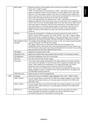 Page 23English
English-21 Video Detect Selects the method of video detection when more than one computer is connected.
Press “Left” or “Right” to select.
FIRST: The video input has to be switched to “FIRST” mode. When current video input
signal is not present, then the monitor searches for a video signal from the other video
input port. If the video signal is present in the other port, then the monitor switches the
video source input port to the new found video source automatically. The monitor will not
look...