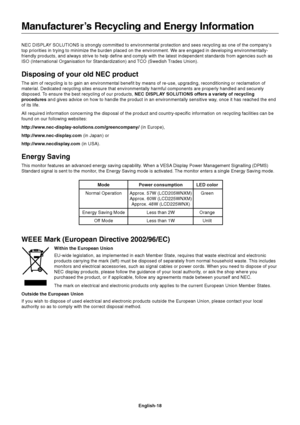 Page 19English-18 NEC DISPLAY SOLUTIONS is strongly committed to environmental protection and sees recycling as one of the company’s
top priorities in trying to minimize the burden placed on the environment. We are engaged in developing environmentally-
friendly products, and always strive to help define and comply with the latest independent standards from agencies such as
ISO (International Organisation for Standardization) and TCO (Swedish Trades Union).
Disposing of your old NEC product
The aim of recycling...