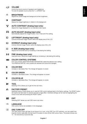 Page 8English
English-7
VOLUME
Control the sound volume of speakers and headphone.
To mute the speaker sound, press the 12/RESET key.
BRIGHTNESSAdjusts the overall image and background screen brightness.
CONTRAST
Adjusts the image brightness in relation to the background.
AUTO CONTRAST (Analog Input only)
Adjusts the image displayed for non-standard video inputs.
AUTO ADJUST (Analog Input only)
Automatically adjusts the Image Position, the H. Size and Fine setting.
LEFT/RIGHT (Analog Input only)
Controls...