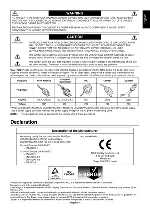 Page 3English-1
English
WARNING
CAUTION
CAUTION: TO REDUCE THE RISK OF ELECTRIC SHOCK, MAKE SURE POWER CORD IS UNPLUGGED FROM
WALL SOCKET. TO FULLY DISENGAGE THE POWER TO THE UNIT, PLEASE DISCONNECT THE
POWER CORD FROM THE AC OUTLET.DO NOT REMOVE COVER (OR BACK). NO USER
SERVICEABLE PARTS INSIDE. REFER SERVICING TO QUALIFIED SERVICE PERSONNEL.
This symbol warns user that uninsulated voltage within the unit may have sufficient magnitude to cause
electric shock. Therefore, it is dangerous to make any kind of...