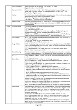 Page 26English-24 Signal Information Signal information can be displayed in the corner of the screen.
Signal information is either “On/Off”.
Resolution Notifier The optimal resolution is 1920 x 1200. If ON is selected, a message will appear on the
screen after 30 seconds, notifying you that the resolution is not set to 1920 x 1200.
Press “Left” or “Right” to select.
Hot Key When this function is activated; the brightness and contrast of the monitor can be adjusted
without entering the OSD menu by using the...